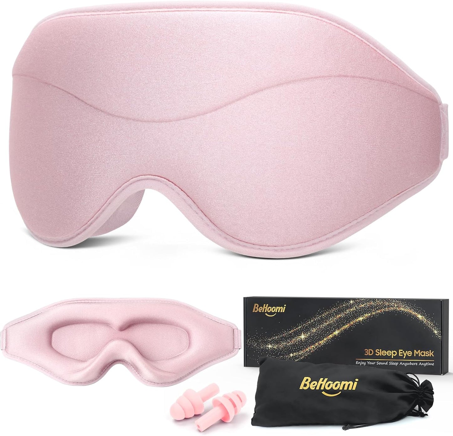 BeHoomi Sleep Mask front view showing pink 3D contoured ergonomic design.