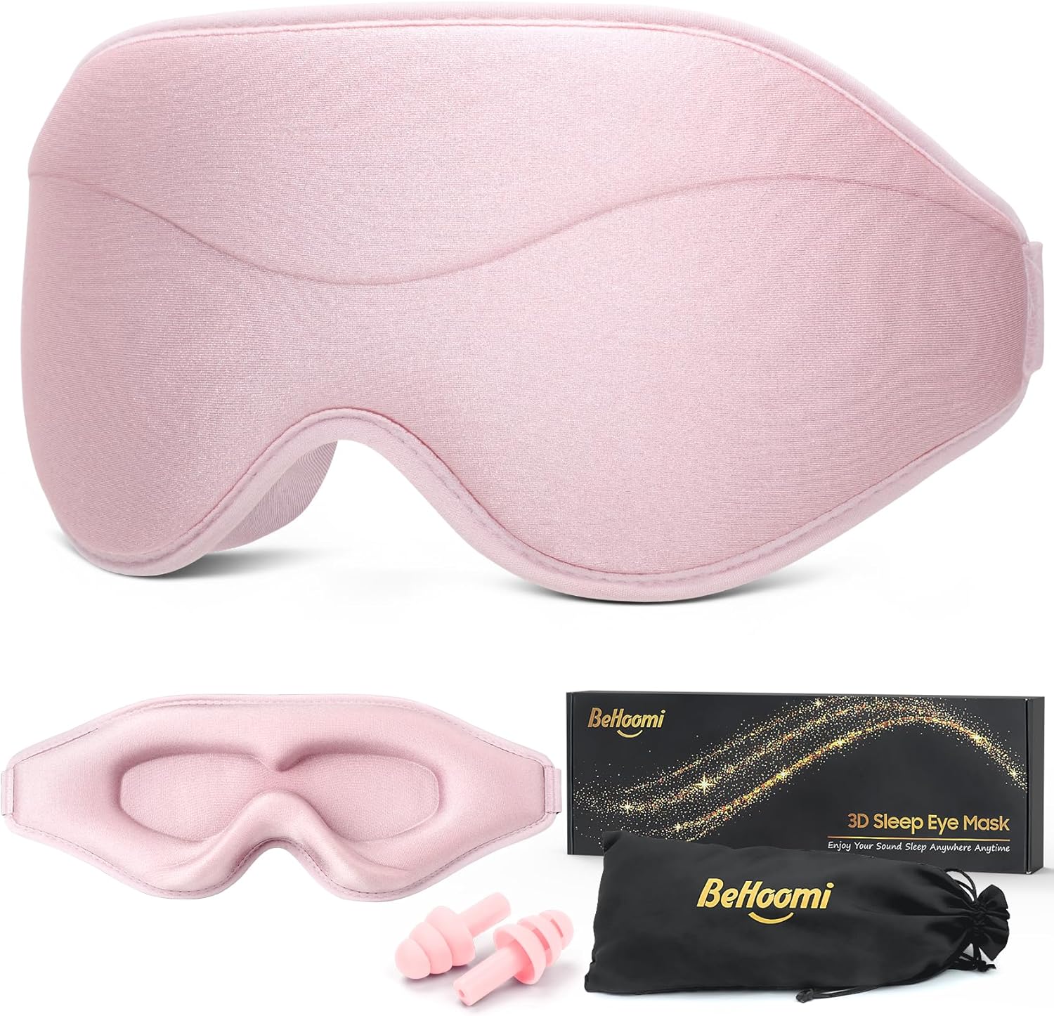 BeHoomi Sleep Mask front view showing pink 3D contoured ergonomic design.