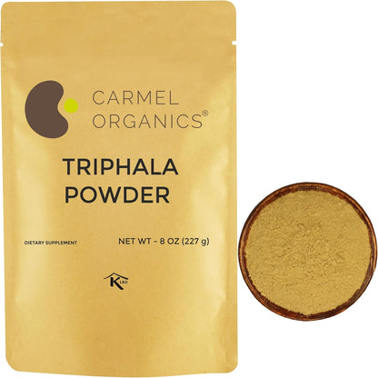 Carmel Organics Triphala Powder 227g front packaging view for Ayurvedic digestive support.