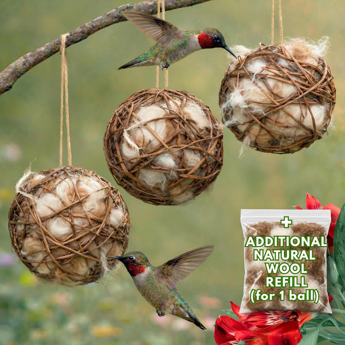 Hummingbird Nesters Bird Nesting Material Holder for Wild Birds Humming Bird House Materials Gifts for Bird Watching Nature Lovers Refillable Outdoor Bird Station (3 Balls Safe Nesting Starter Kit) - Image 1