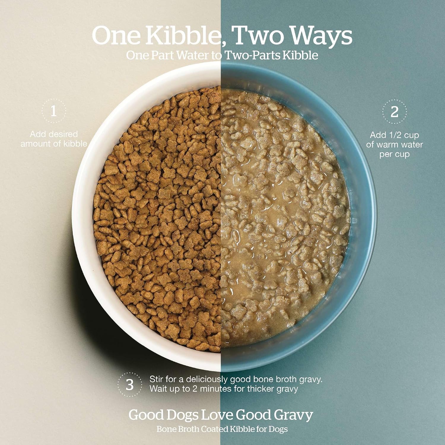 Bone broth coated kibble from Now Fresh showing gravy preparation option for small dogs
