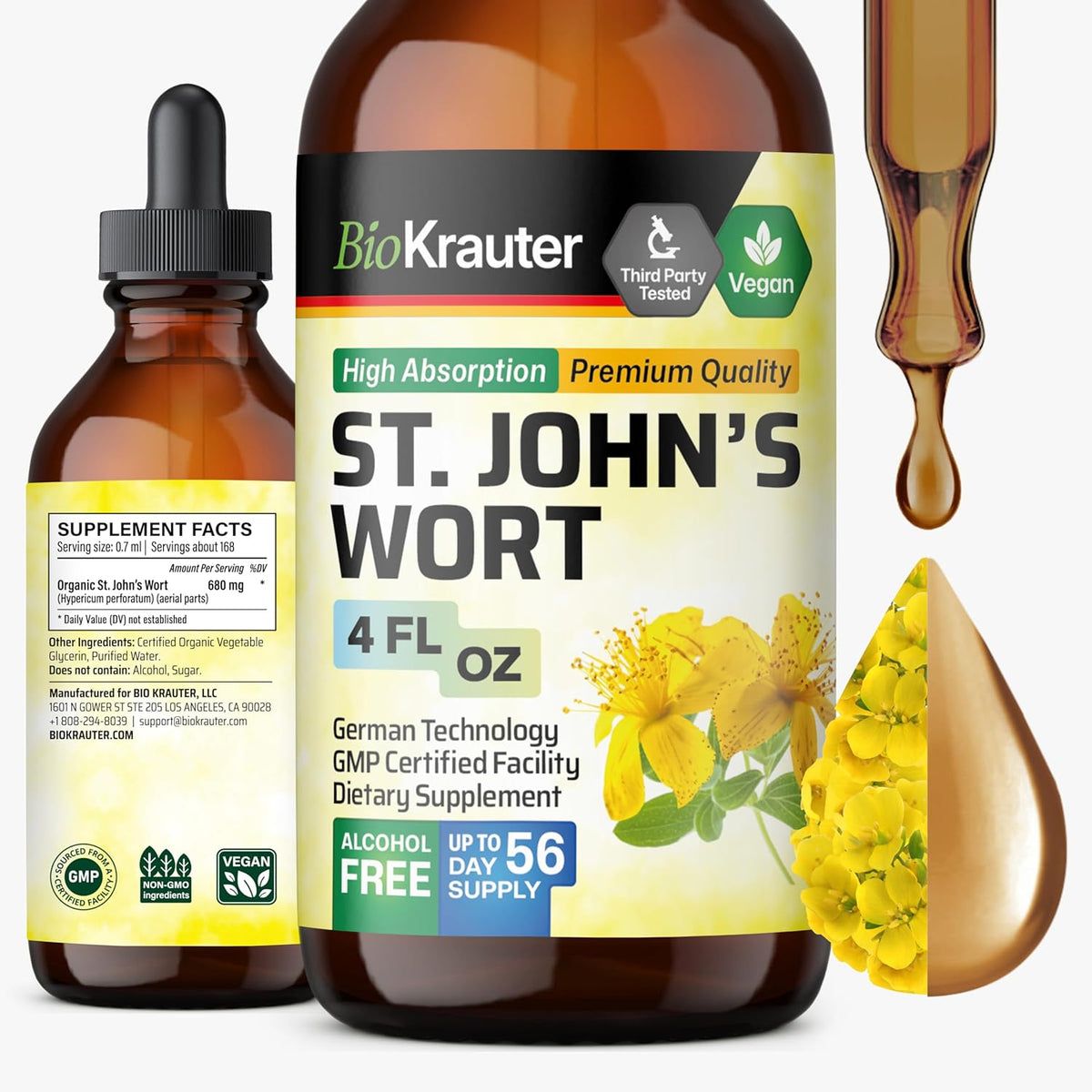 Bio Krauter St Johns Wort Tincture 4 Fluid Ounce front view bottle for natural mood support