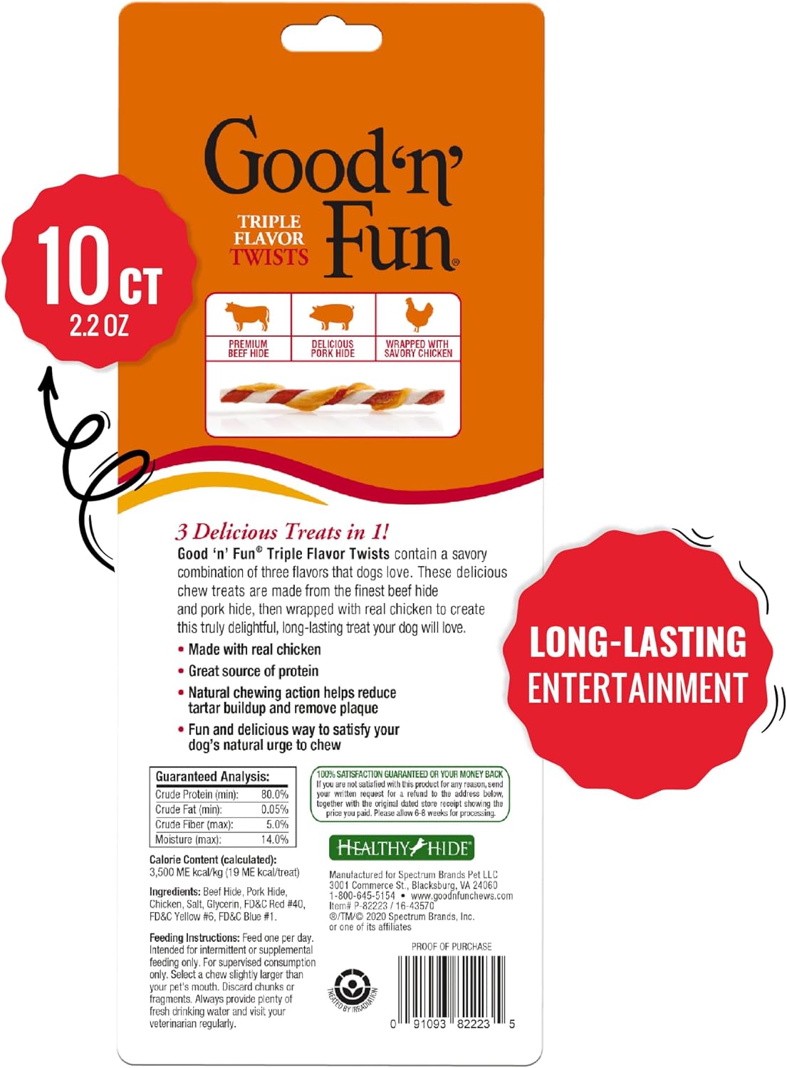 Good 'N' Fun rawhide chew twists packaging showing ingredients