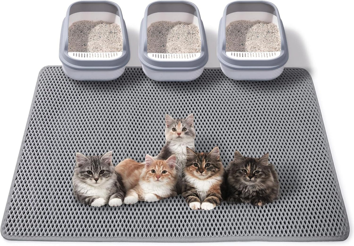 Full view of the grey 24x15 inch Ondware cat litter mat protecting a hardwood floor