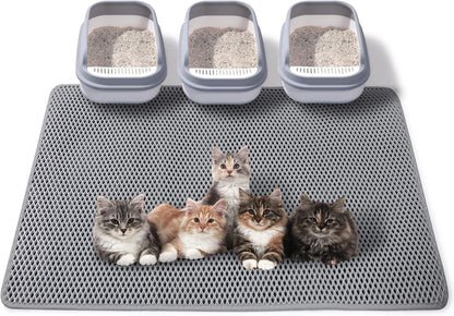 Full view of the grey 24x15 inch Ondware cat litter mat protecting a hardwood floor