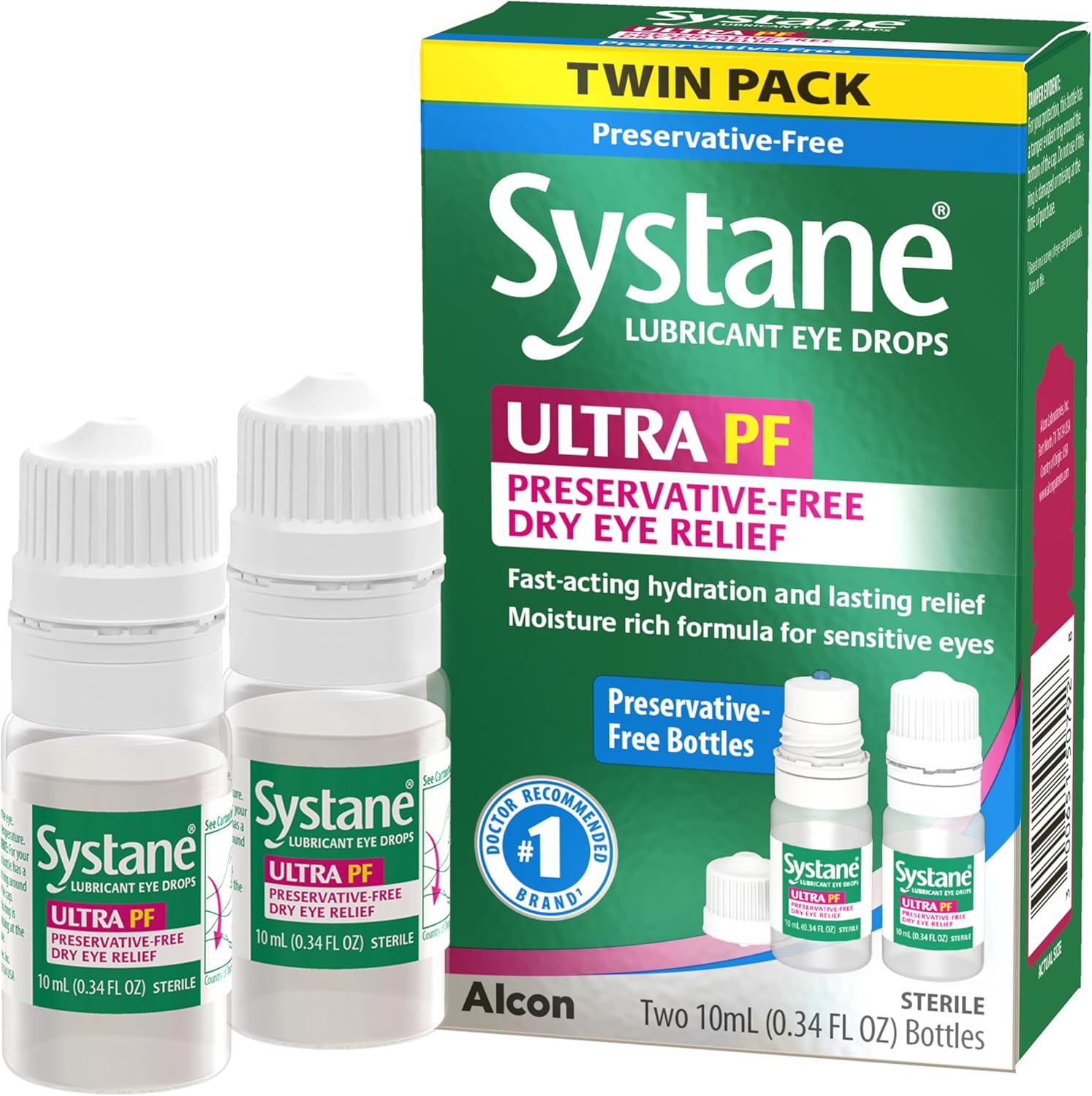 Systane Ultra Multi-Dose Preservative-Free Eye Drops Twin Pack front view showing two bottles.