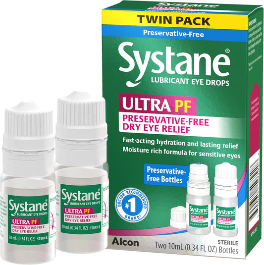 Systane Ultra Multi-Dose Preservative-Free Eye Drops Twin Pack front view showing two bottles.