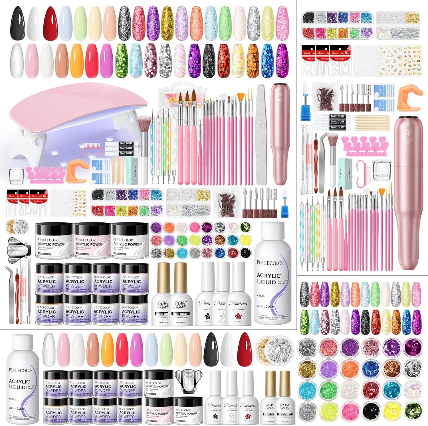 Peacecolor acrylic nail kit for beginners front view with UV lamp and tools