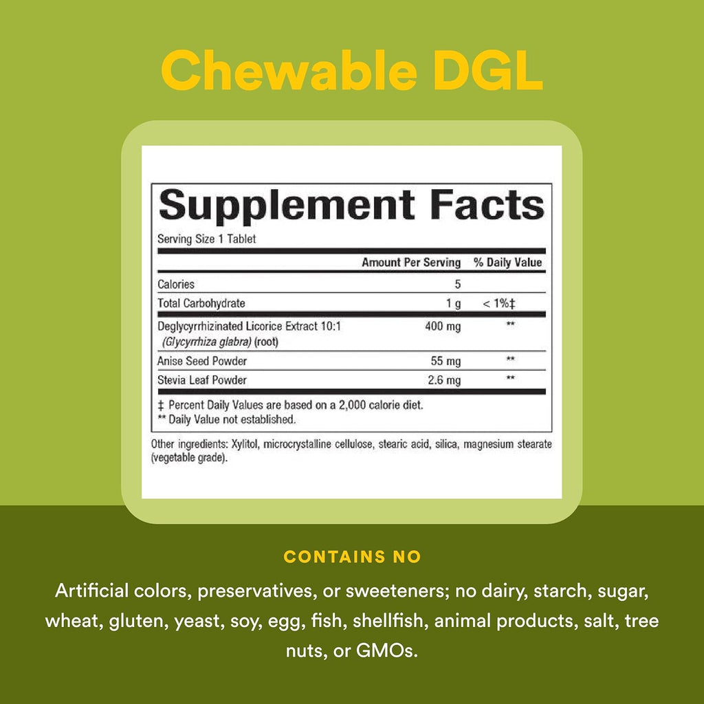 Authentic USA imported Natural Factors DGL 400mg chewable tablets for acid reflux relief.