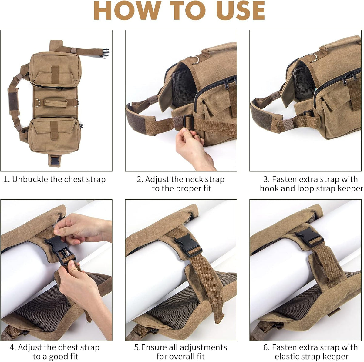 Horse adjustable dog harness backpack showing khaki canvas material close up