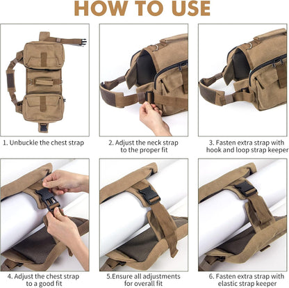 Horse adjustable dog harness backpack showing khaki canvas material close up