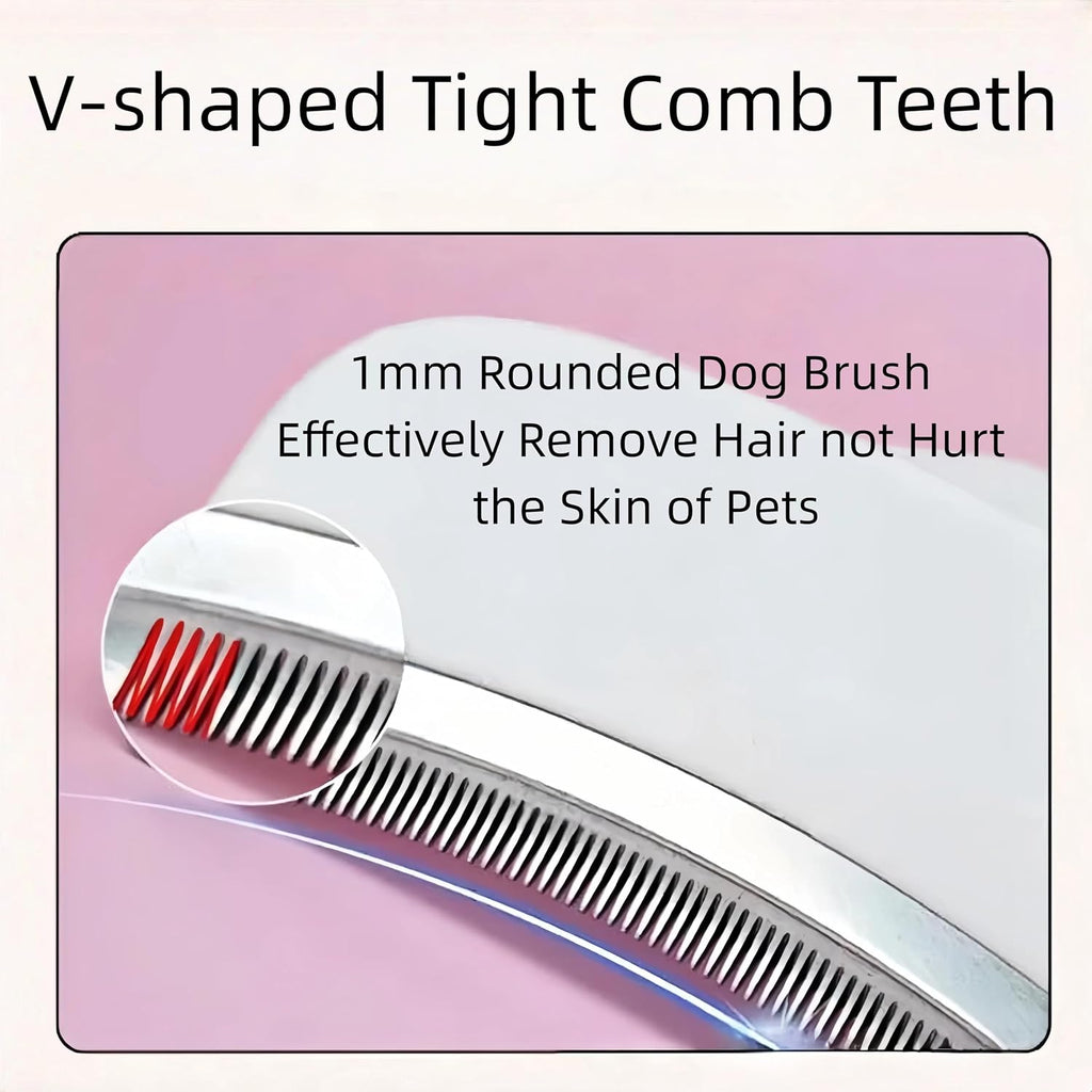 Close up of the curved stainless steel teeth on the Treayes compact pet brush.