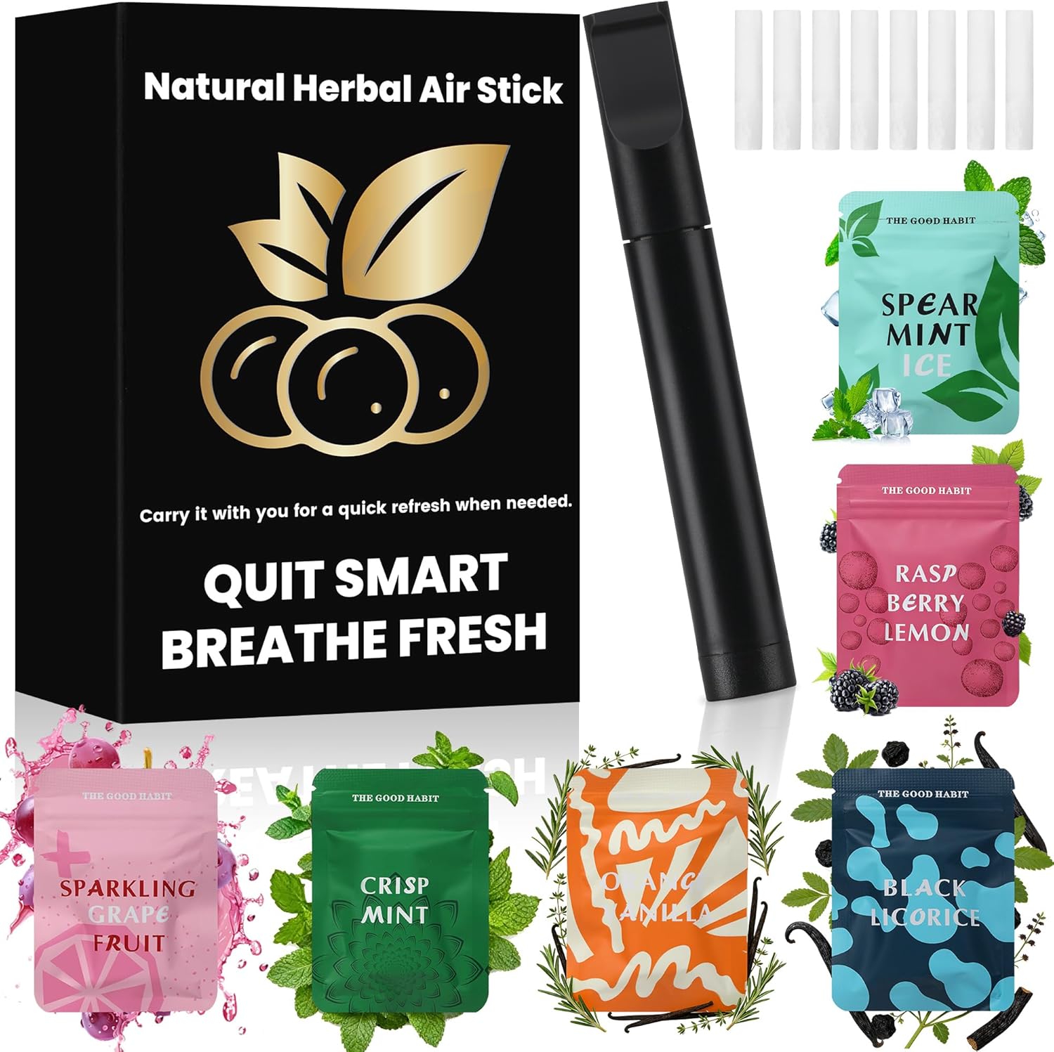Crobirware Natural Herbal Air Stick front view showcasing the 6 pack box and individual sleek black diffuser pens.