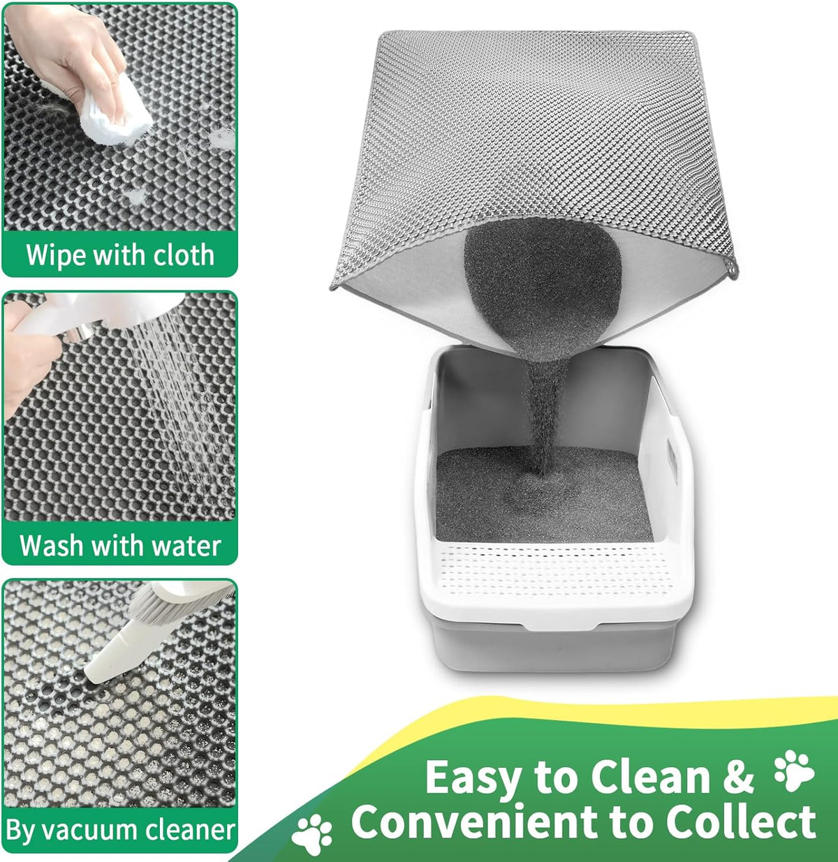 Pouring trapped litter back into the box from the open edge of the mat.