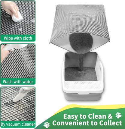 Pouring trapped litter back into the box from the open edge of the mat.