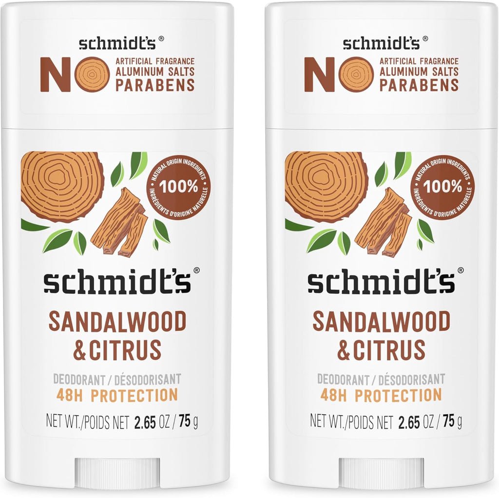 Schmidt's Sandalwood and Citrus vegan deodorant stick front view natural freshness