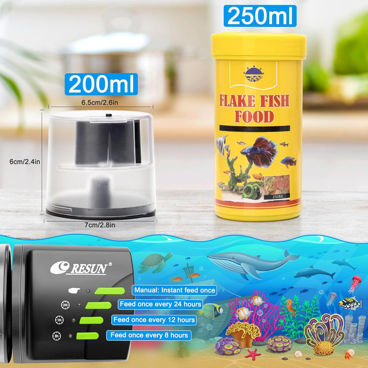 Ycozy aquarium food dispenser showing the adjustable slider mechanism for managing accurate pet food portions.