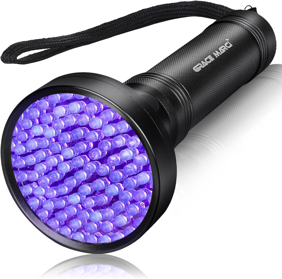 Grace Marci 100 LED UV black light flashlight front view showing the large purple light emitting diode array.