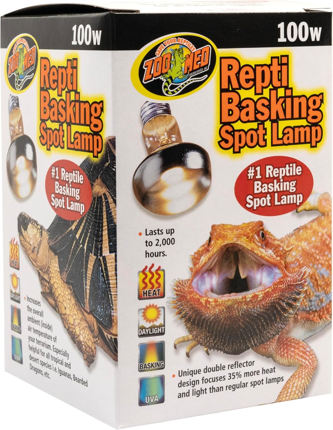 Zoo Med 100 Watts reptile heat bulb illuminating a focused basking spot.