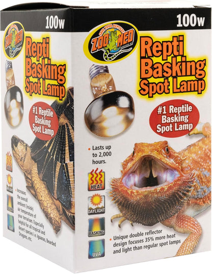 Zoo Med 100 Watts reptile heat bulb illuminating a focused basking spot.