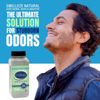 Smelleze natural mineral odor eliminator granules spilled out showing texture and composition.