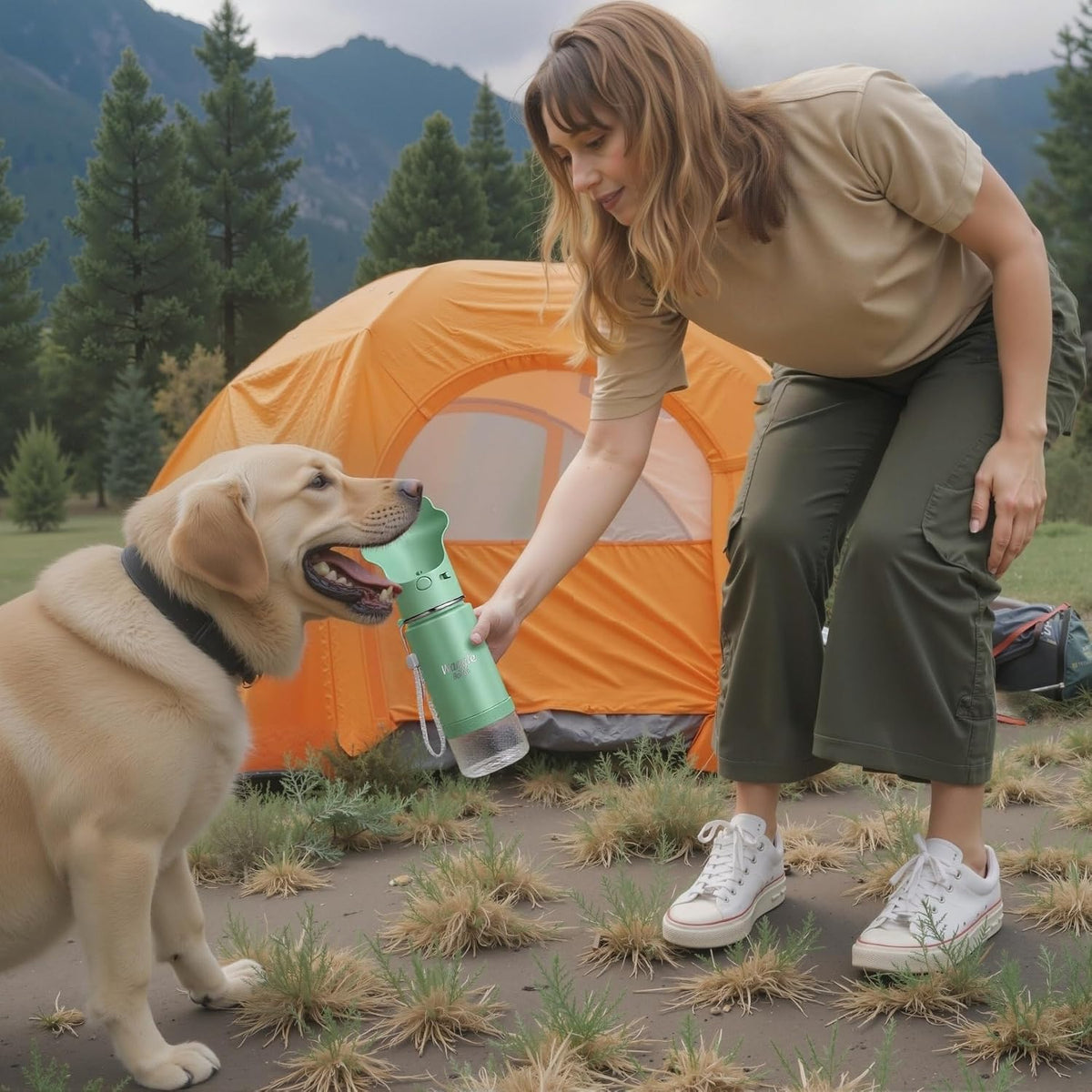 Eco friendly insulated puppy water bottle for hiking and travel.
