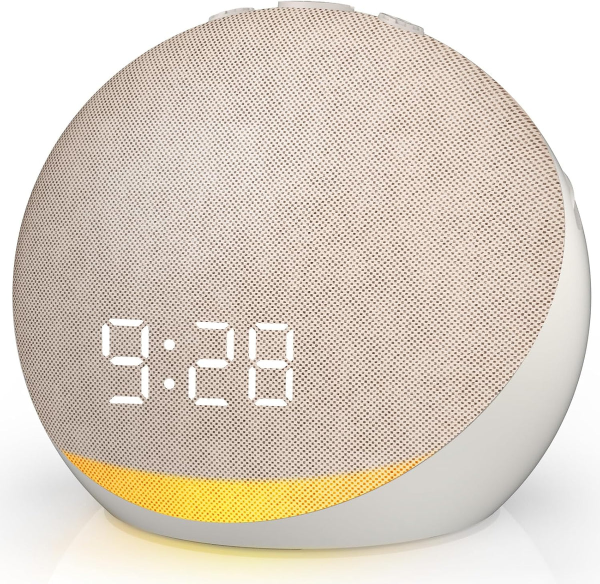 Acedeck sound machine alarm clock in putty color front view on a bedroom nightstand