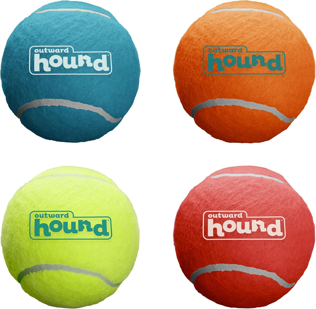Durable multi color Outward Hound dog tennis balls in portable mesh packaging