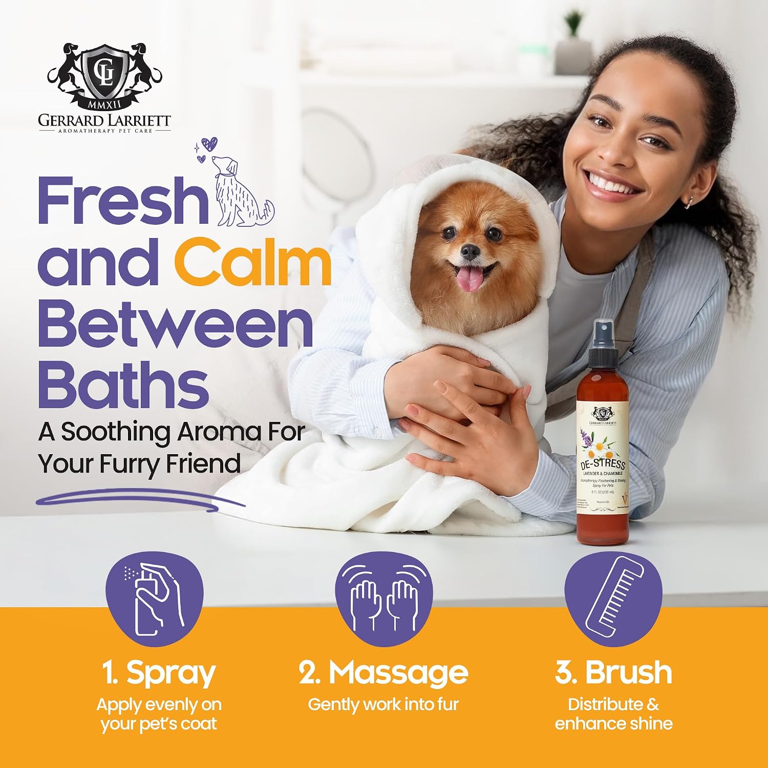 Back label of Gerrard Larriett pet freshening and shining spray showing directions