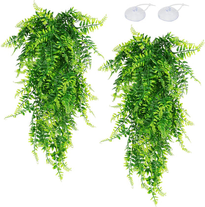Quozuo 2 Pack Reptile Plants hanging in a terrarium with suction cups.