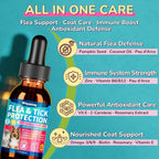 Dual action skin and coat omega liquid supplement for multi pet households.