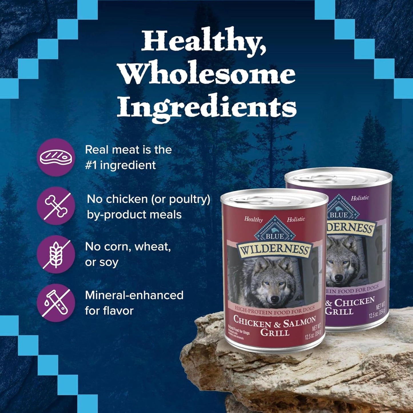 Blue Buffalo wet dog food variety pack showing real meat ingredients and texture visualization.