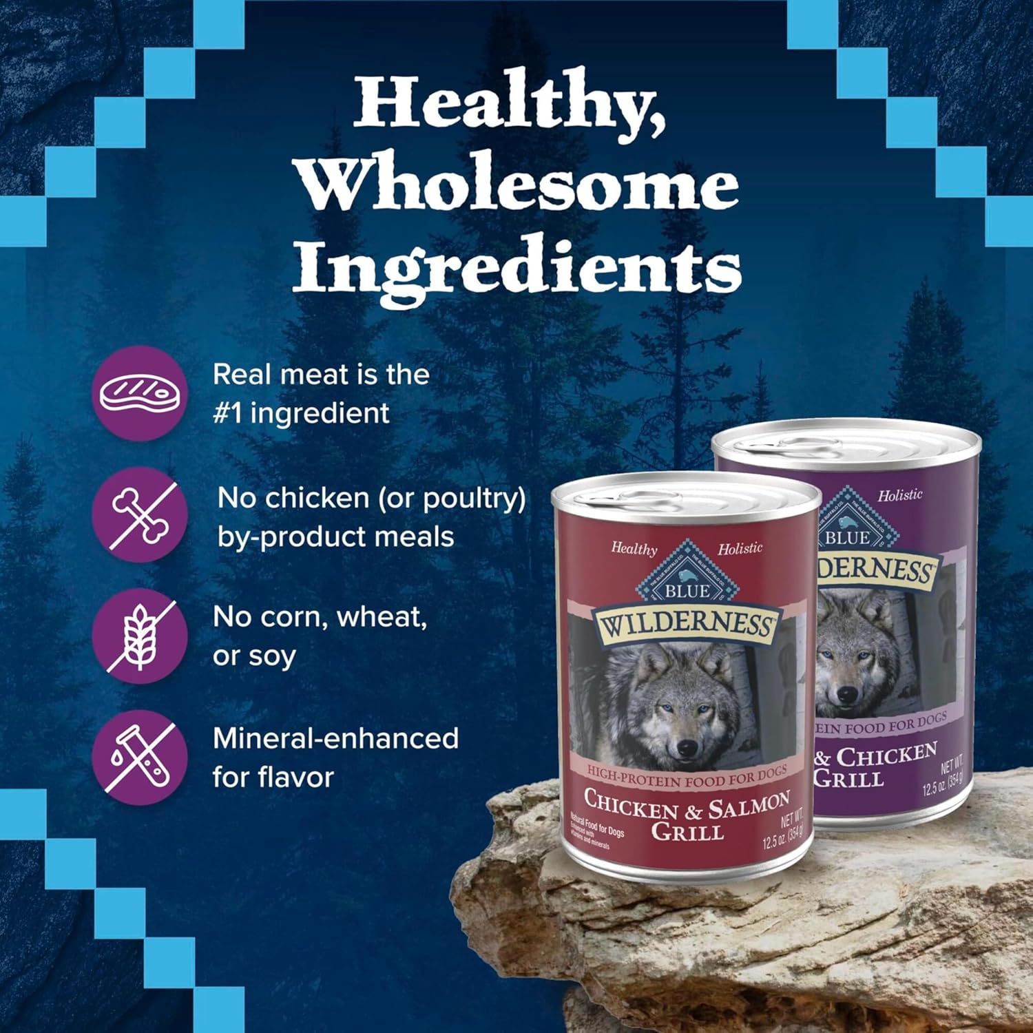 Blue Buffalo wet dog food variety pack showing real meat ingredients and texture visualization.