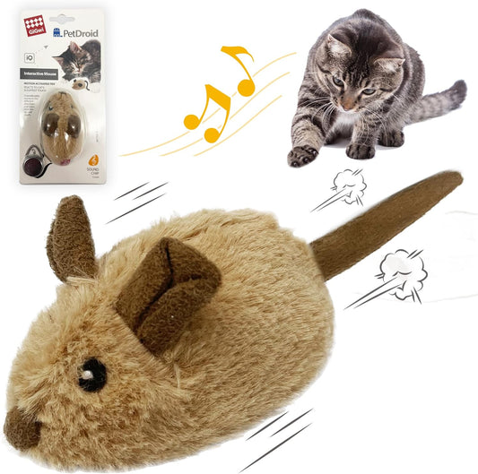 GiGwi Interactive Cat Toy Mouse front view showing realistic plush brown body and electronic sensor wheels.