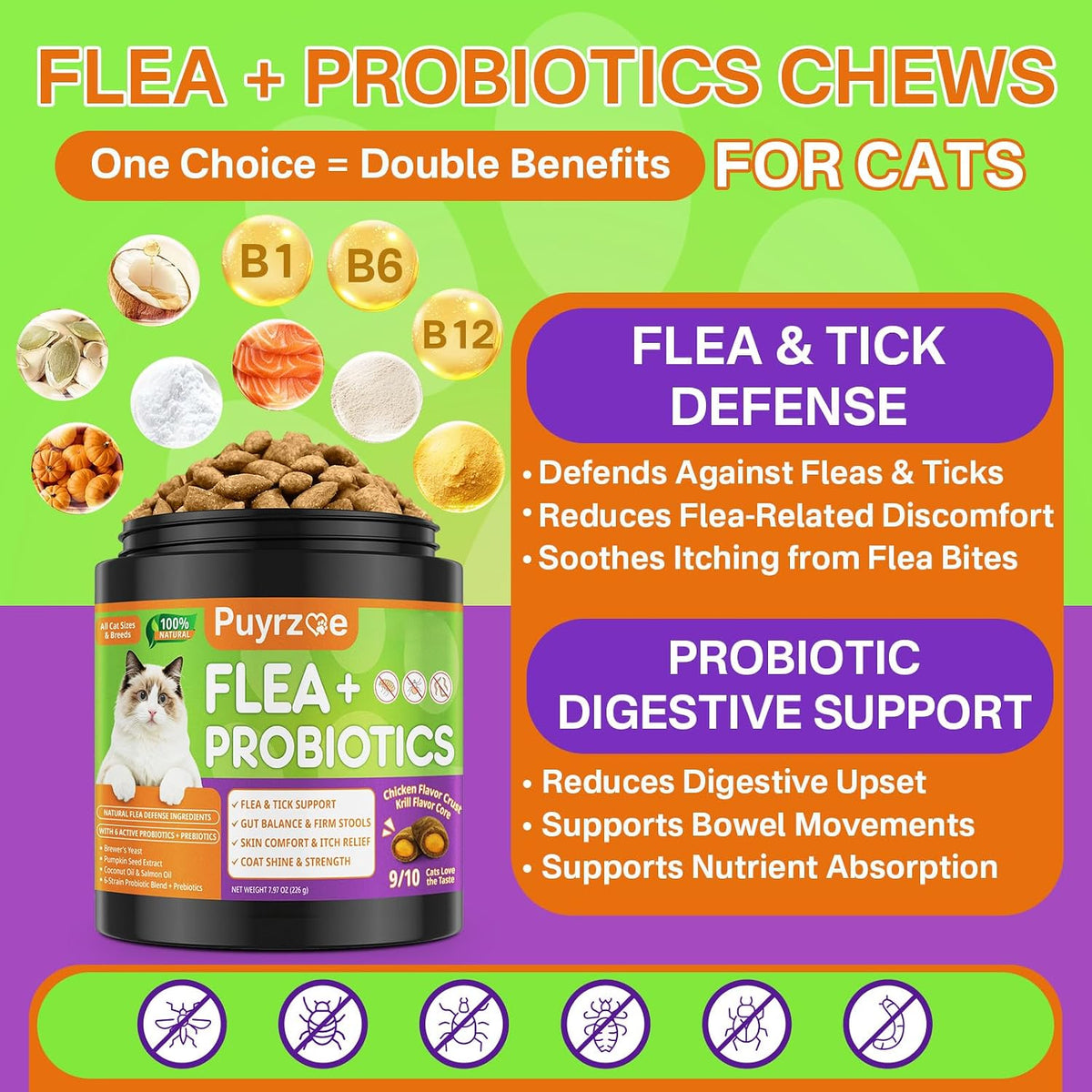 Puyrzoe cat flea treatment probiotic chewables chicken flavor packaging