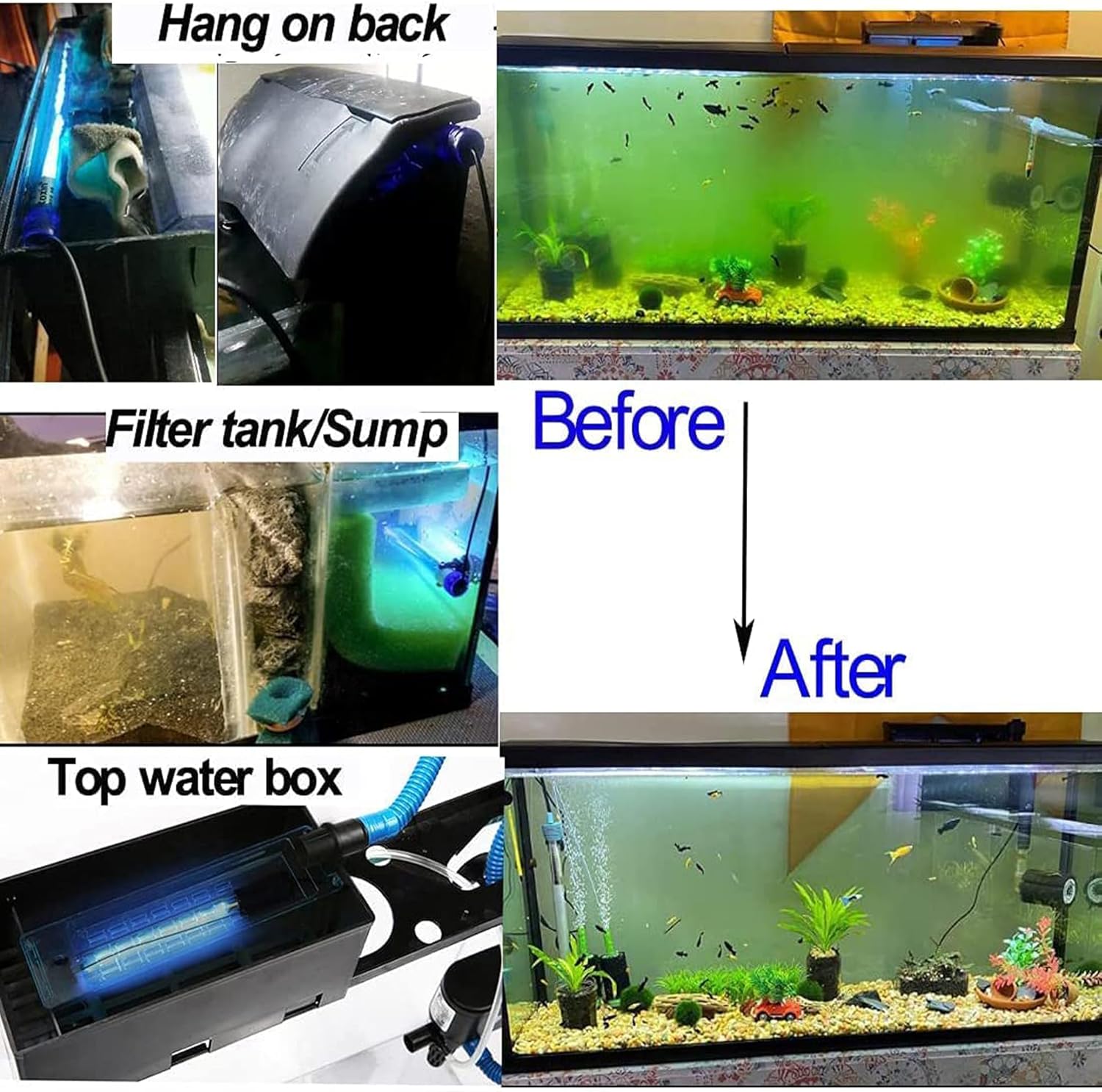 The 3W aquarium UV sterilizer lamp installed inside a filter box