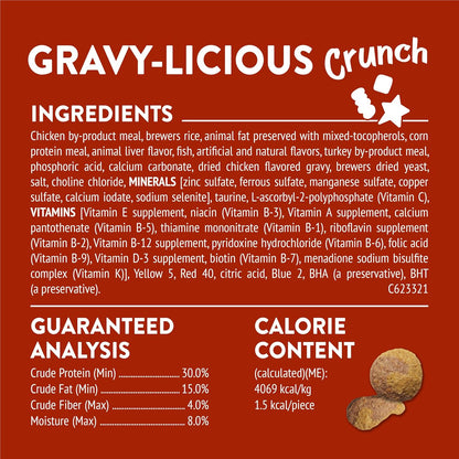 Purina Friskies Party Mix Gravylicious Crunch packaging details displaying less than two calories per treat