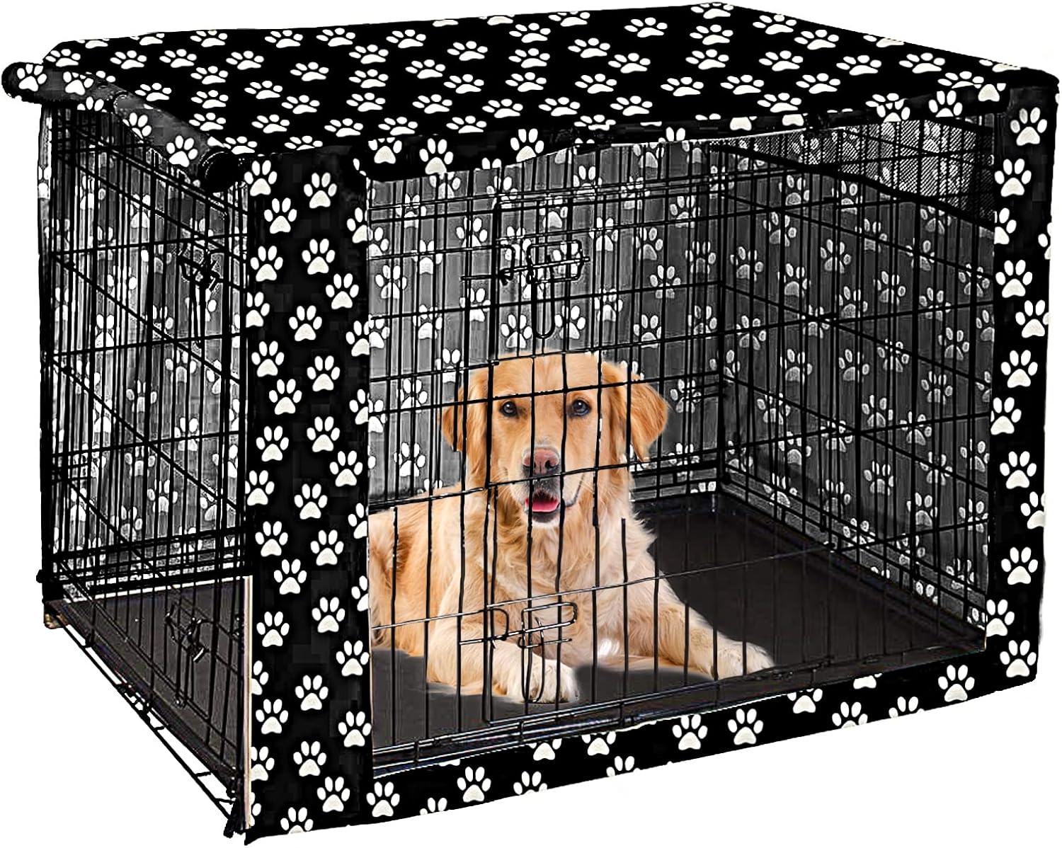 Pethiy dog crate cover 42 inch front view showing closed black fabric over wire kennel