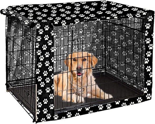 Pethiy dog crate cover 42 inch front view showing closed black fabric over wire kennel