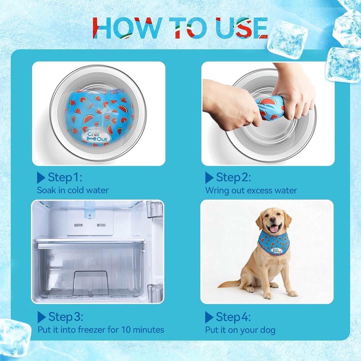 Instructional graphic for All For Paws cooling bandana usage