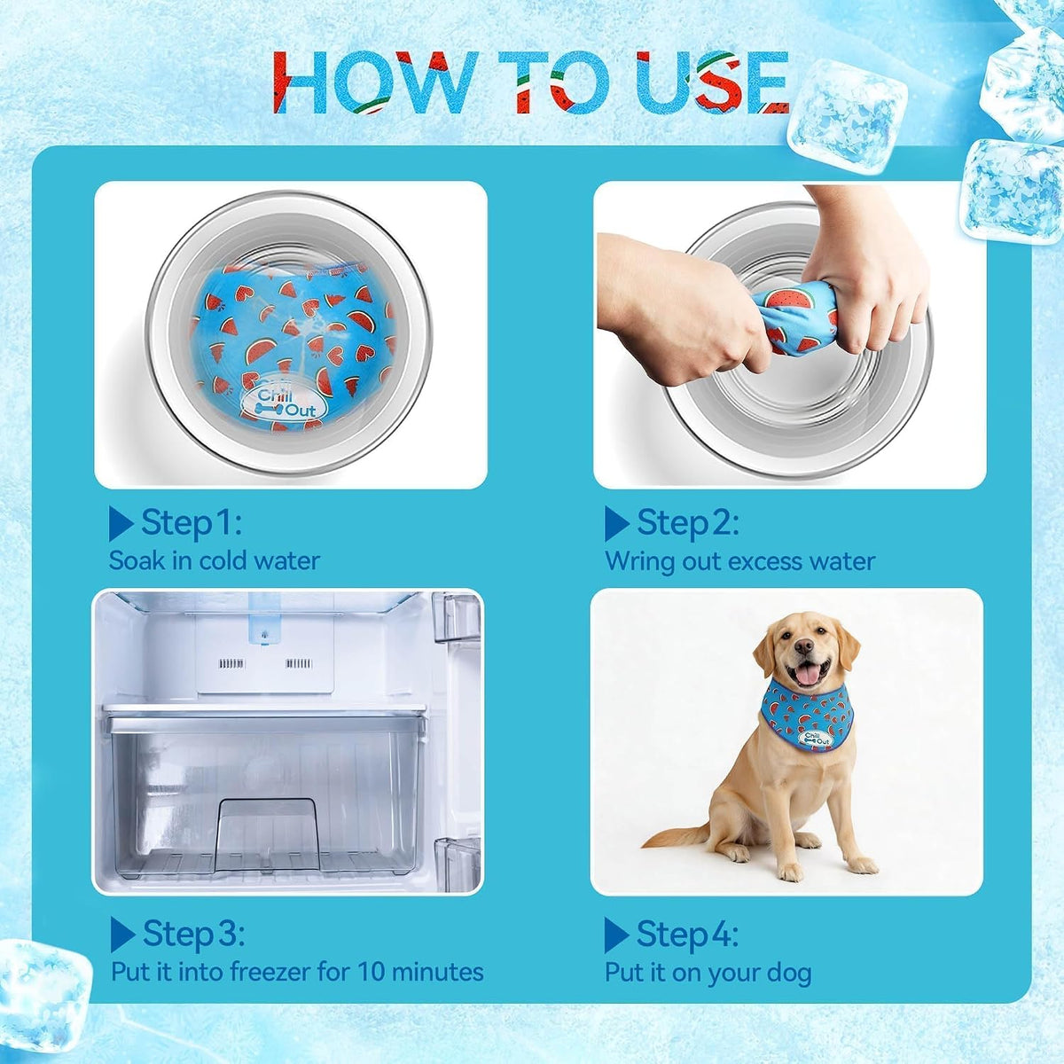 Instructional graphic for All For Paws cooling bandana usage