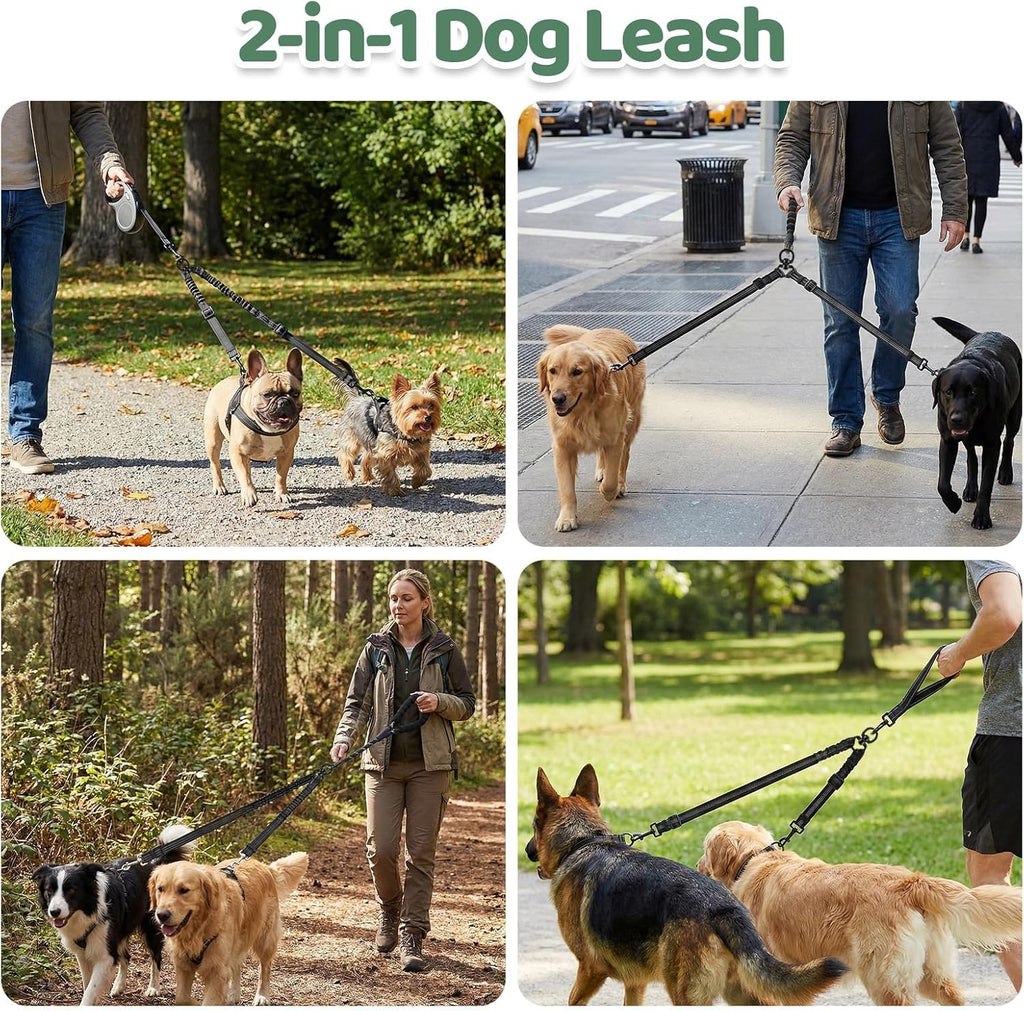 Metal attachment clip on the dual leash holding a pet waste bag dispenser during a walk.