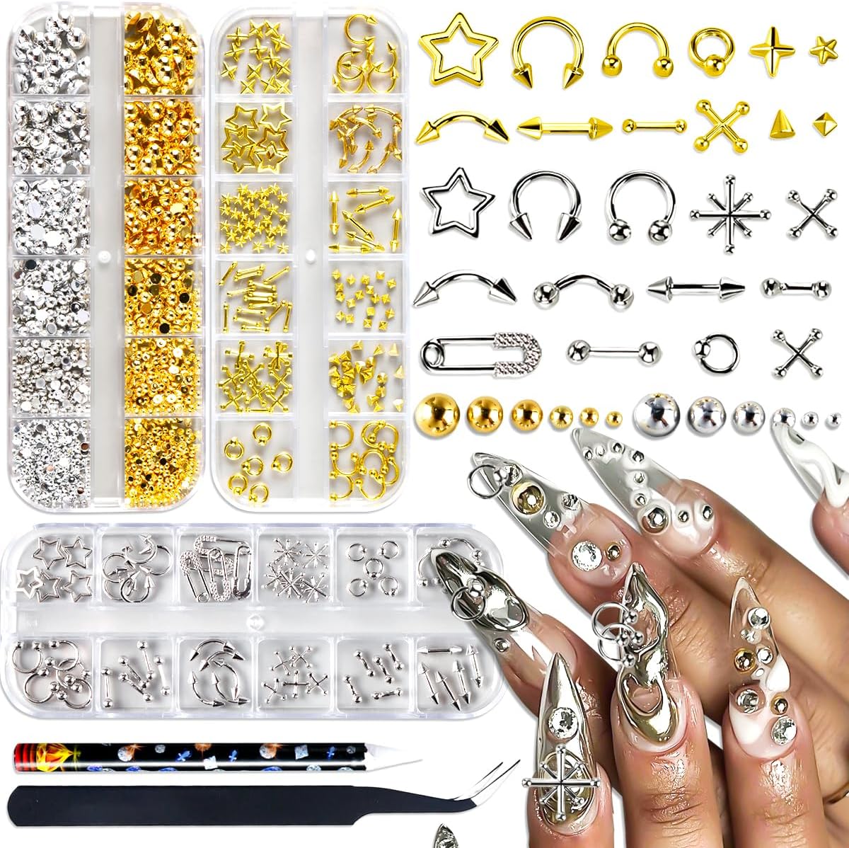 3 Box 12 Grids Goth Nail Art Studs, 3D Gold & Silver Alloy Gothic Punk Nail Charms Y2K Rivet Studs Beads Metal Rings Piercing Manicure Supplies for DIY Nail Art Decorations - Image 1