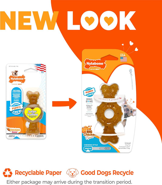 Chicken flavored puppy teething ring bone by Nylabone for oral health