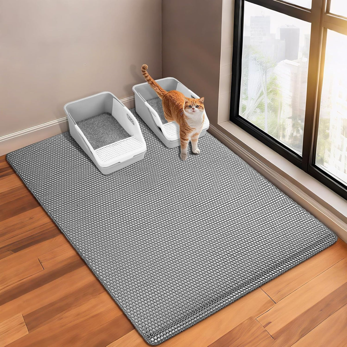 GRELY extra large cat litter mat front view showcasing the grey double layer honeycomb design.