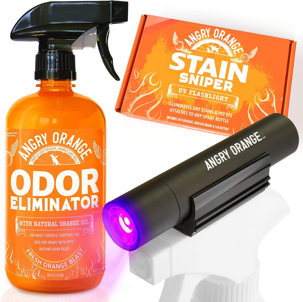 Authentic USA imported Angry Orange pet odor eliminator kit box contents displayed together