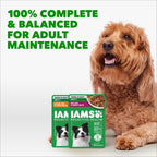 Side angle of IAMS premium wet dog food eighteen count multi-pack showing individual portion-controlled pouches.