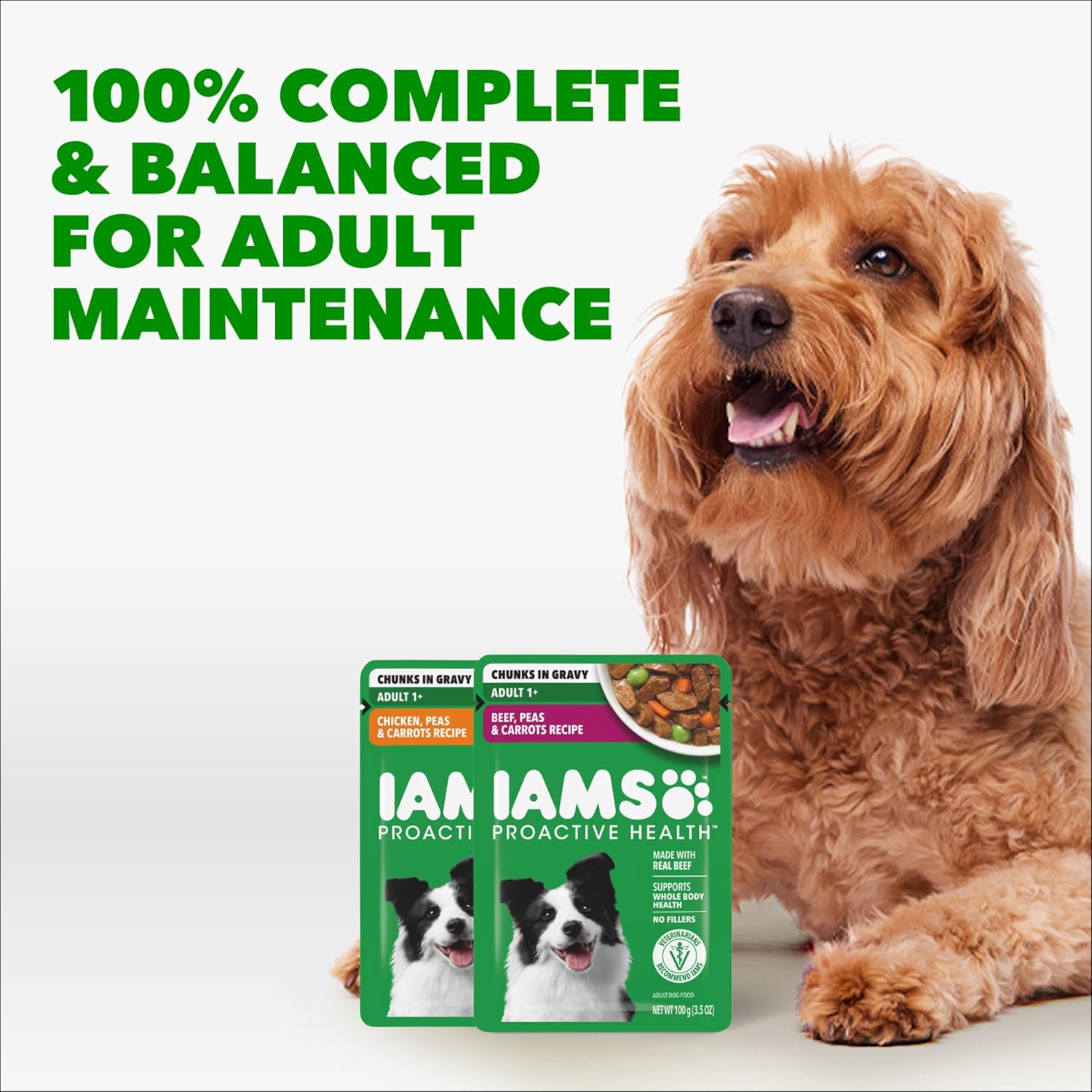 Side angle of IAMS premium wet dog food eighteen count multi-pack showing individual portion-controlled pouches.