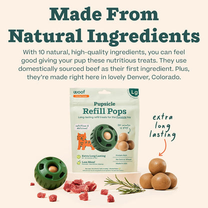 Shelf stable low-mess long-lasting replacement treats for large dogs.