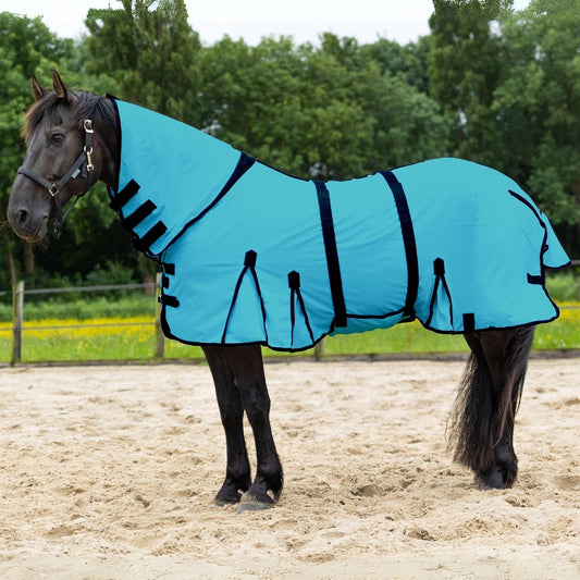 Resistance durable mesh combo horse fly sheet in turquoise front view on a horse